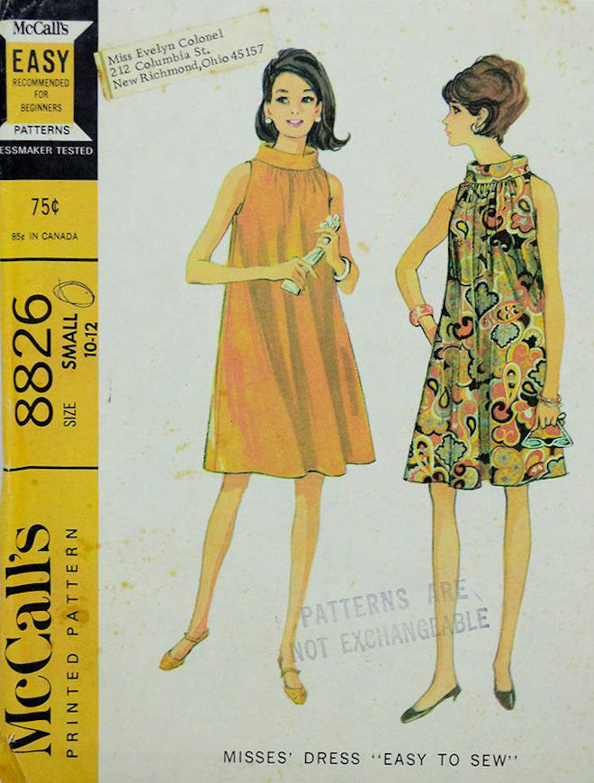 McCall's 8826 Womens Classic Muu Muu Tent Dress 1960s Vintage Sewing Pattern Size SMALL Bust 31 - 32 inches