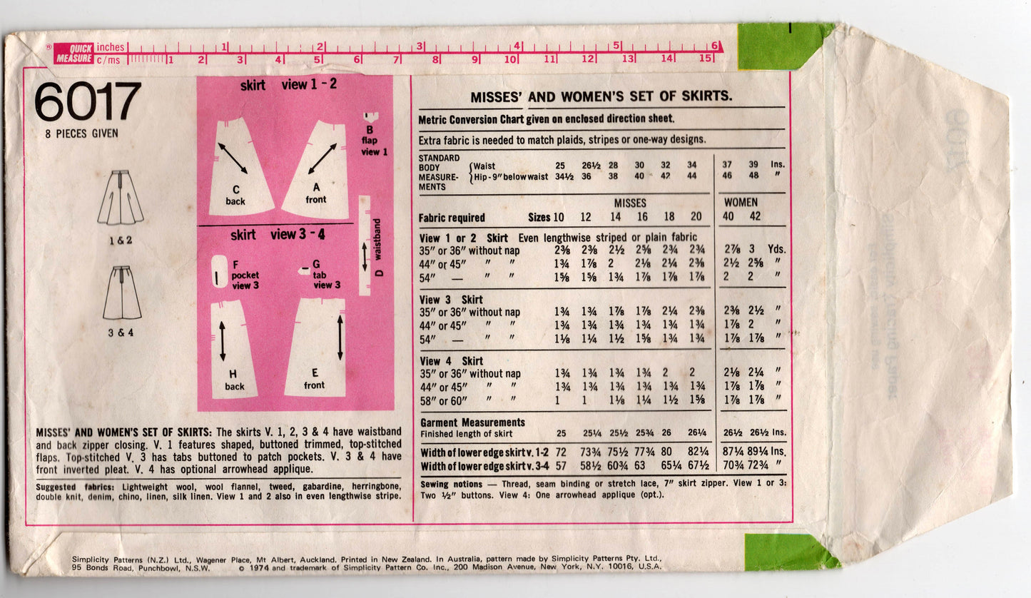 Simplicity 6017 Womens A Line Skirts in 4 Styles 1970s Vintage Paper Sewing Pattern Size 14 Waist 28 Inches