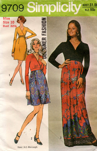 Simplicity 9709 Womens Designer Wrap Bodice Dress 1970s Vintage Sewing Pattern Size 10 or 14