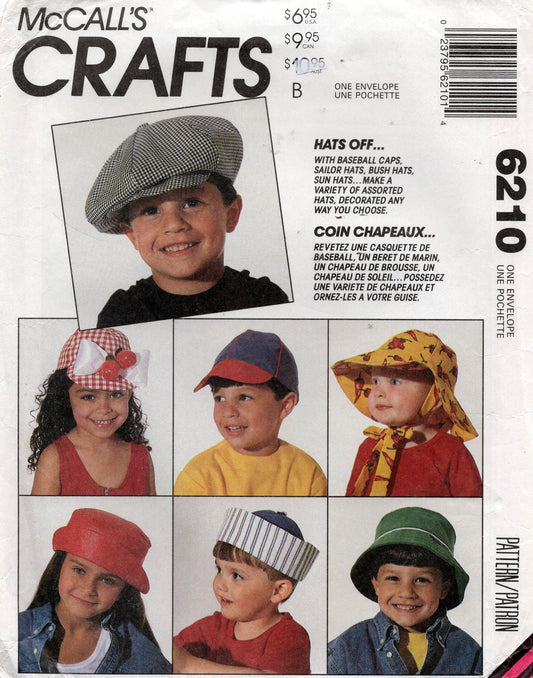 Patrón de costura vintage de los años 90 para gorros para bebés y niños pequeños McCall's 6210, talla única, sin cortar, doblado de fábrica