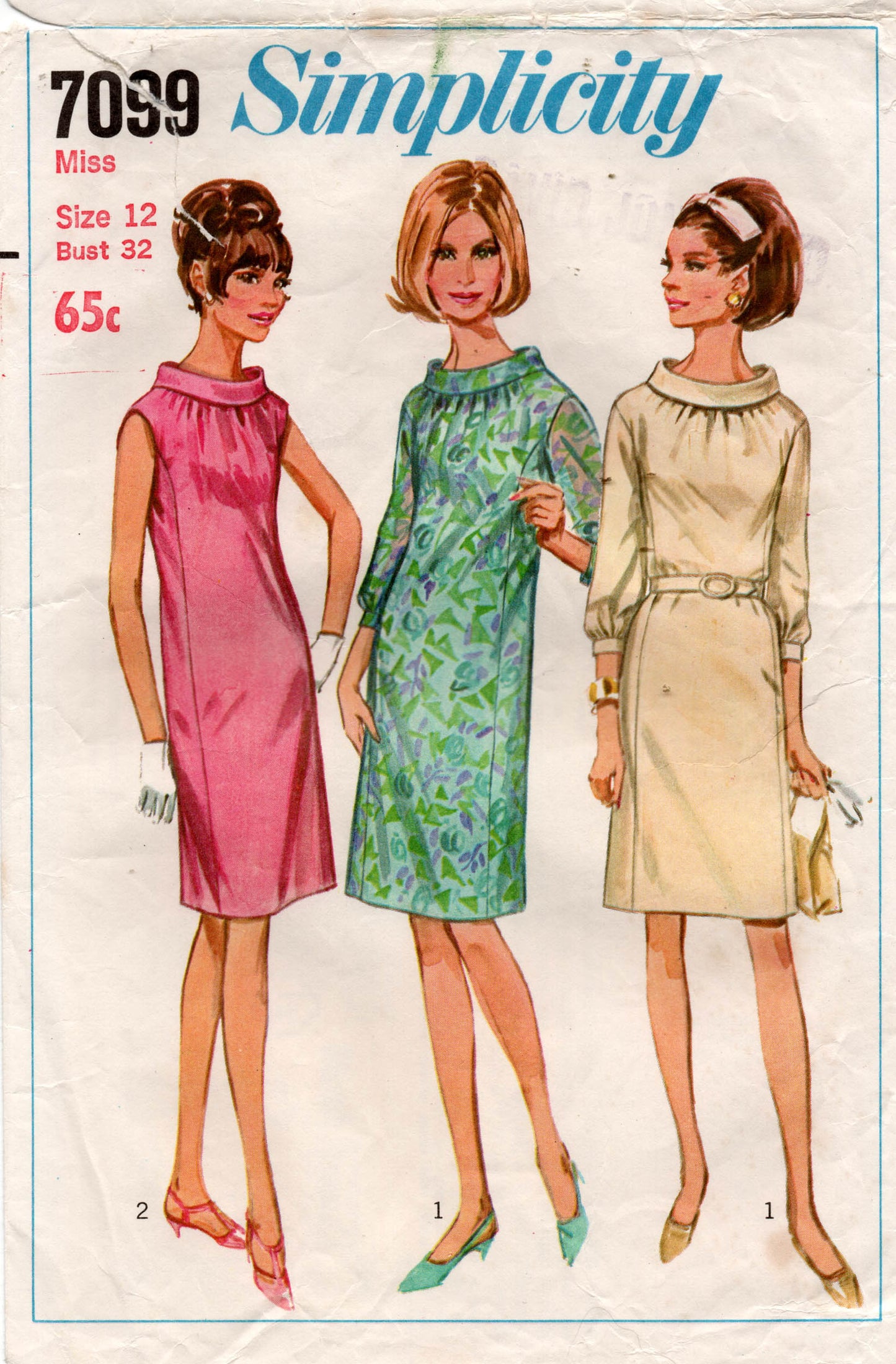 Simplicity 7099 Womens Shift Dress with Gathered Neckline and Roll Collar 1960s Vintage Paper Sewing Pattern Size 14 Bust 34 Inches