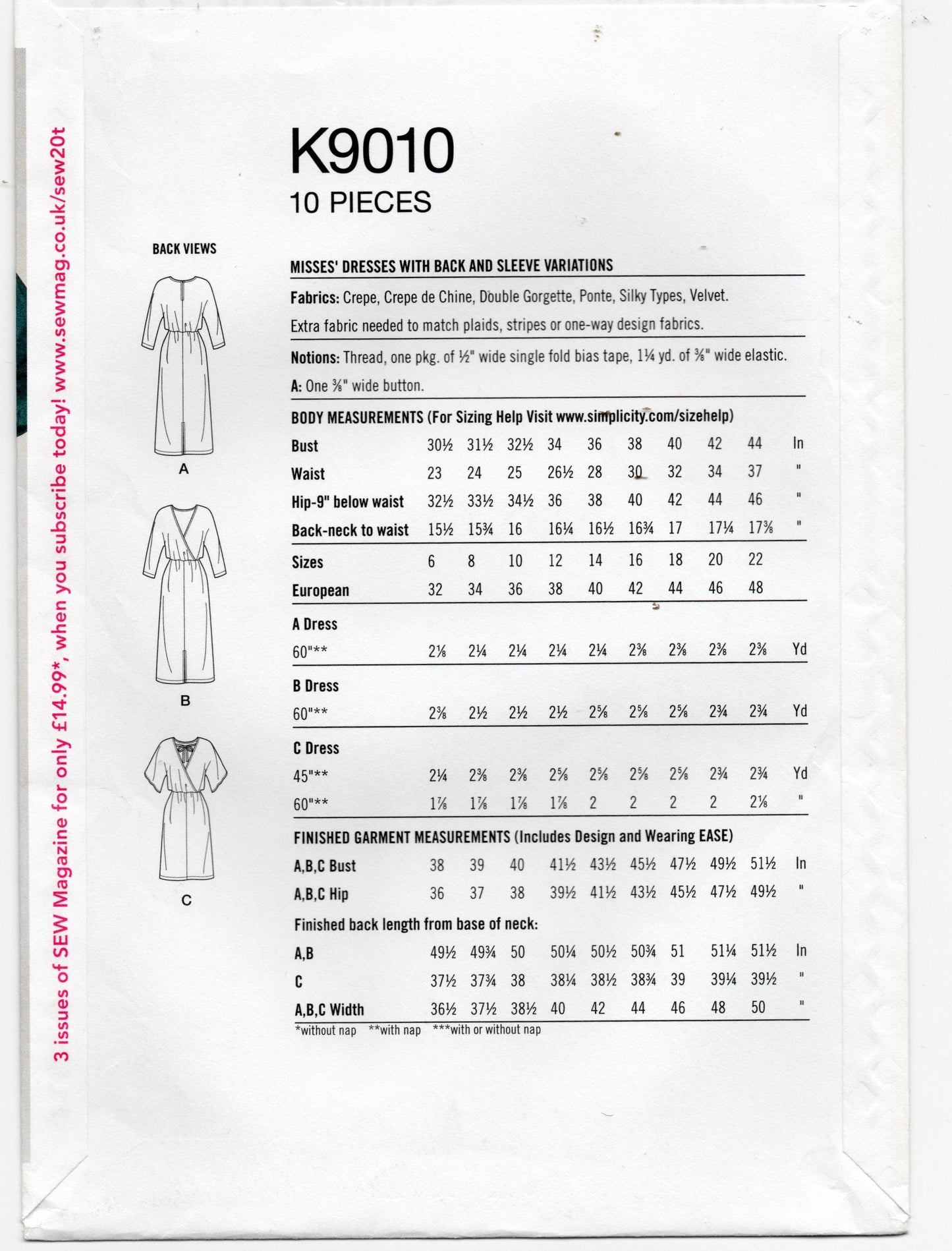 Simplicity K9010 Womens V Back Dress with Sleeve Variations Sewing Pattern Size 14 - 22 UNCUT Factory Folded