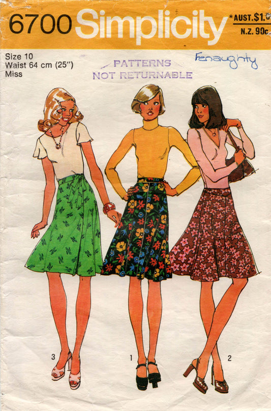 Simplicity 6700 Womens Flared Button Front Panelled or Wrap Skirts 1970s Vintage Sewing Pattern Size 10 or 14