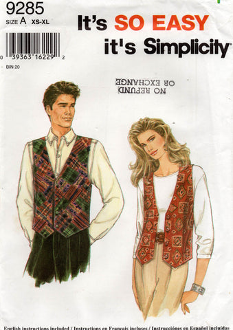 Simplicity 9285 Mens Womens Teens Unisex Vest 1990s Vintage Sewing Pattern Size XS - XL UNCUT Factory Folded
