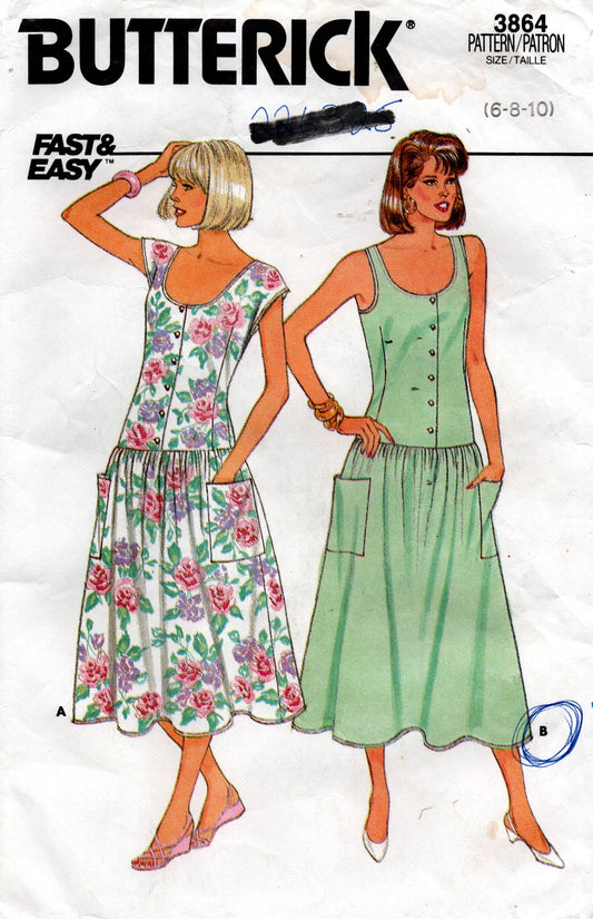 Patrón de costura Butterick 3864 para vestido veraniego de talle bajo y jersey fácil de usar para mujer, estilo vintage de los años 80, talla 6 a 10