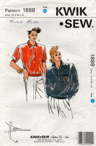 Kwik Sew 1888 Womens Pullover Tab Front Tops 1980s Vintage Sewing Pattern Size XS - XL UNCUT Factory Folded