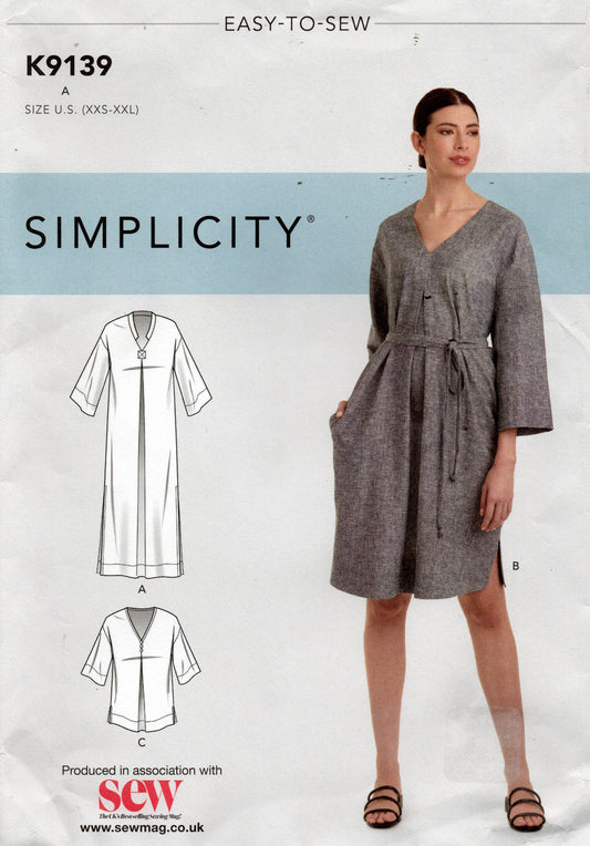 Simplicity 9139 Womens Relaxed Fit Caftan Dress Tunic Top & Belt Out Of Print Paper Sewing Pattern Sizes XXS - XXL UNCUT Factory Folded