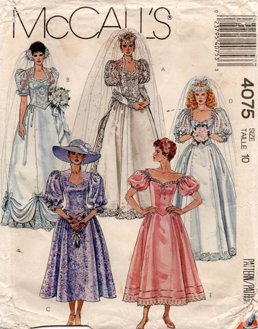 McCall's 4075 Womens Big Sleeved Full Skirt Bridal or Bridesmaids Gown 1980s Vintage Sewing Pattern Size 10 or 12