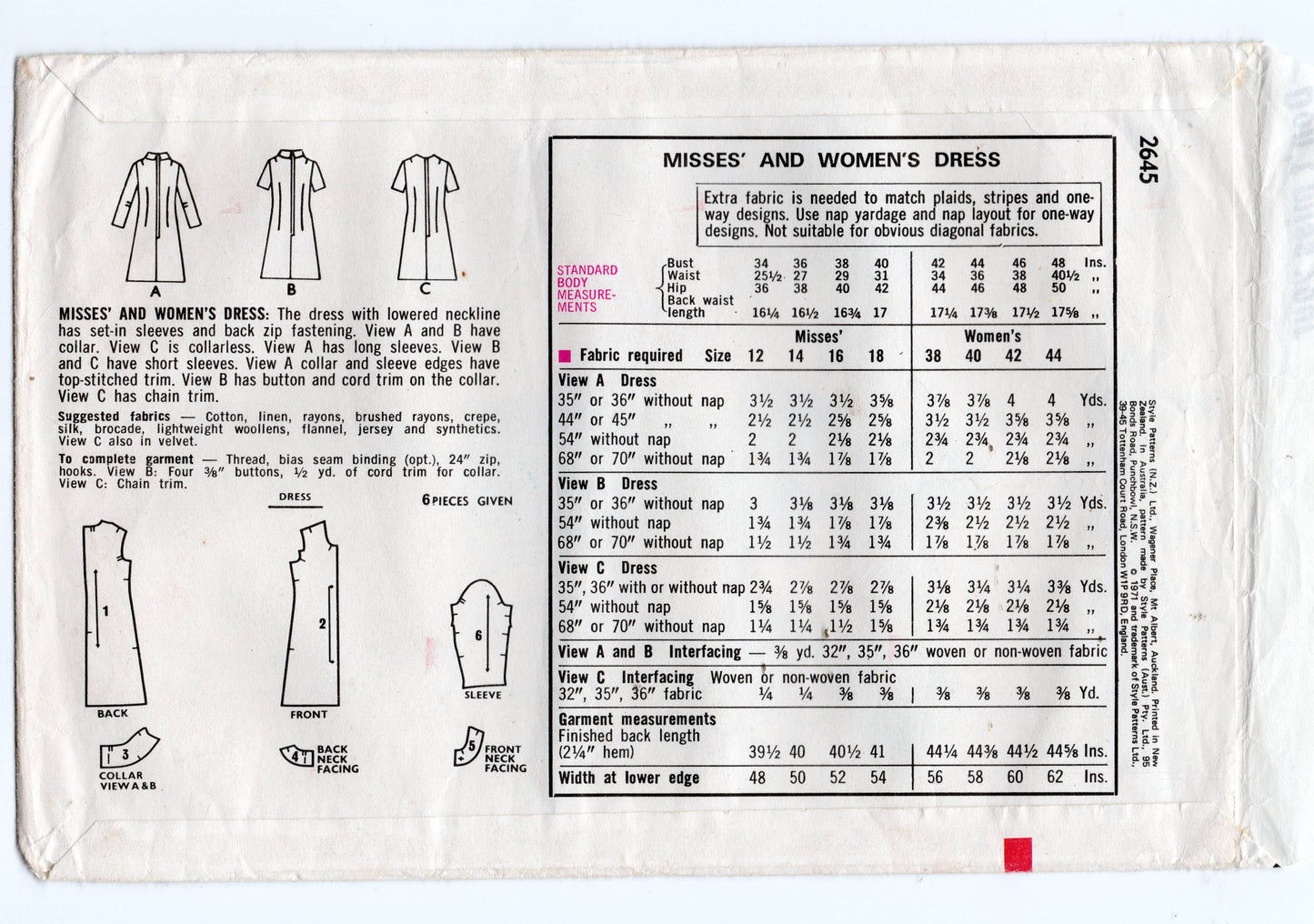 Style 2645 Womens Fit & Flared Dresses 1970s Vintage Sewing Pattern Size 14 or 18 UNCUT Factory Folded