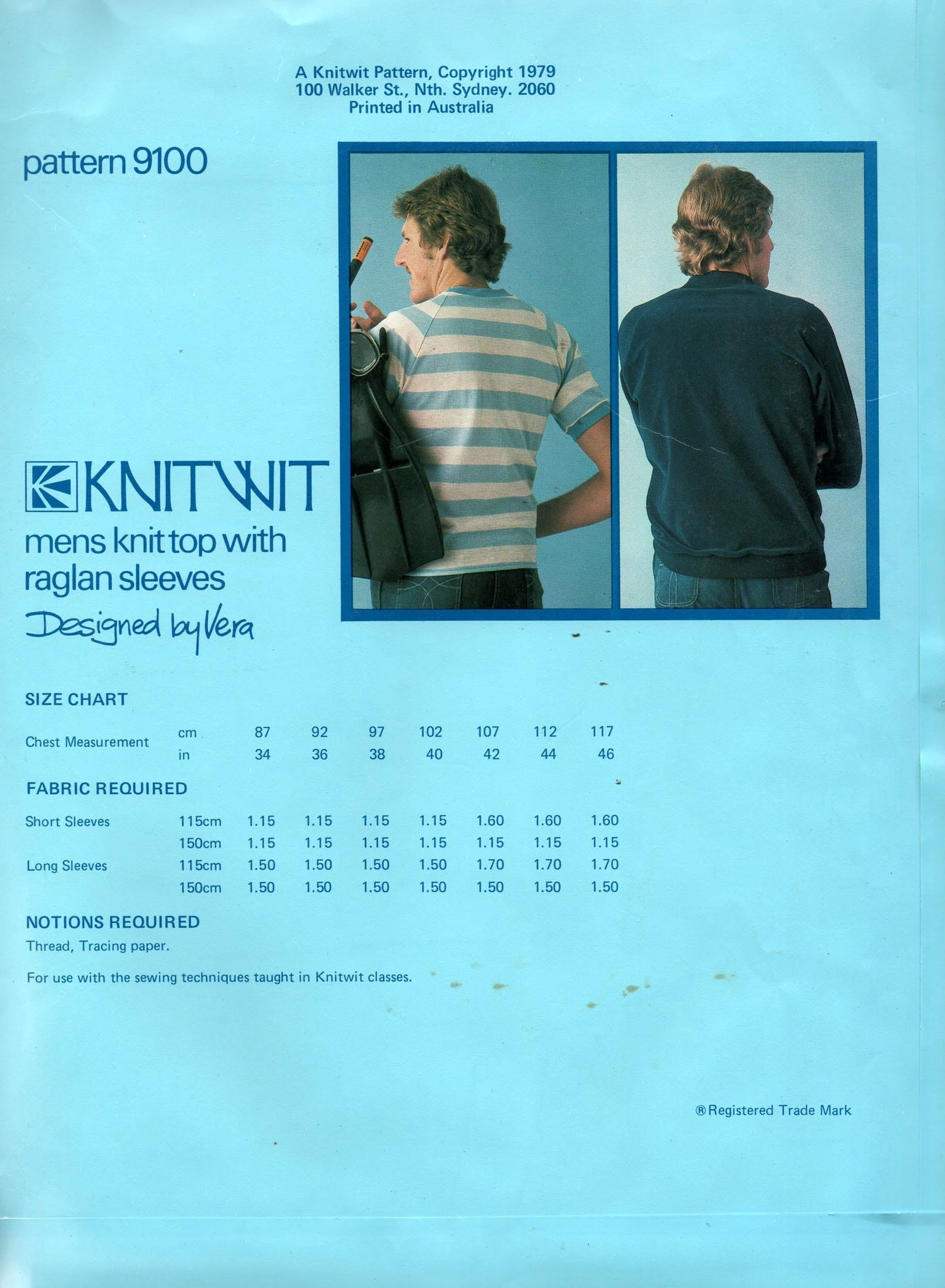 Knitwit 9100 Mens Stretch Raglan Sleeve T Shirts Pullover Sweatshirts 1970s Vintage Sewing Master Pattern Size 34 - 46 UNCUT Factory Folded