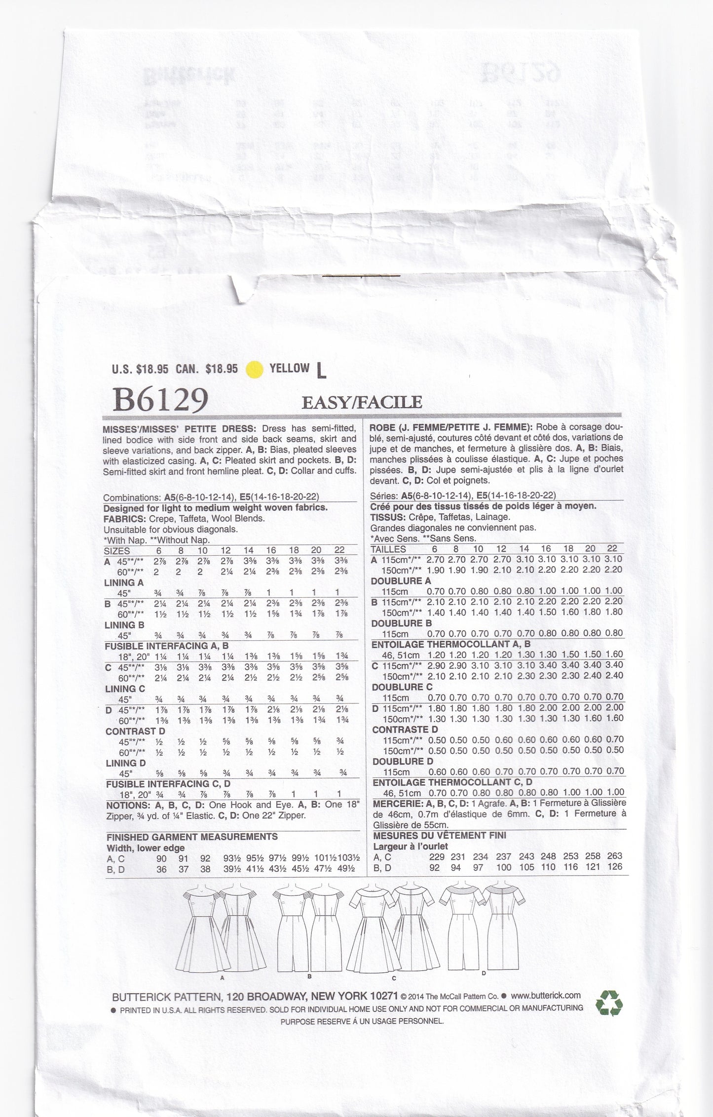 Butterick 6129 Womens Lined Off The Shoulder Evening Dress Sewing Pattern Sizes 14 - 22 UNCUT Factory Folded