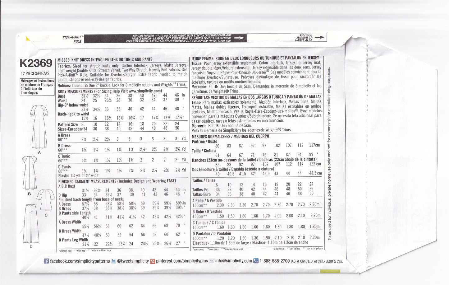 Simplicity 2369 Womens Stretch Knit Capsule Wardrobe Wrap Top Dress & Wide Leg Pants Out Of Print Sewing Pattern Size 8 - 16 UNCUT Factory Folded