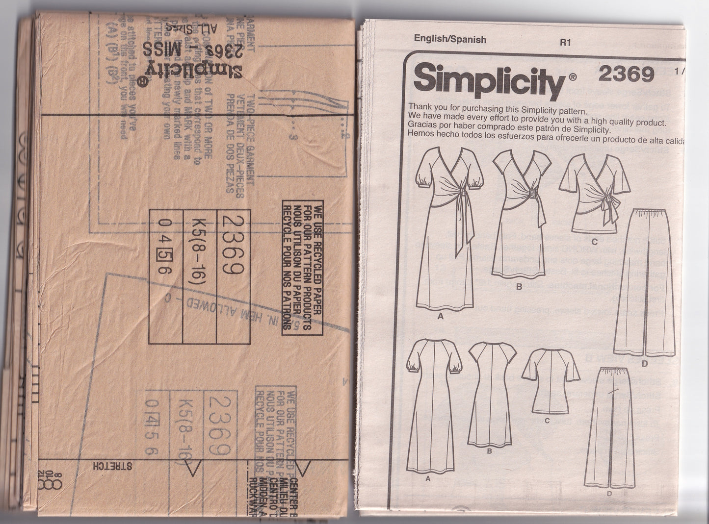 Simplicity 2369 Womens Stretch Knit Capsule Wardrobe Wrap Top Dress & Wide Leg Pants Out Of Print Sewing Pattern Size 8 - 16 UNCUT Factory Folded