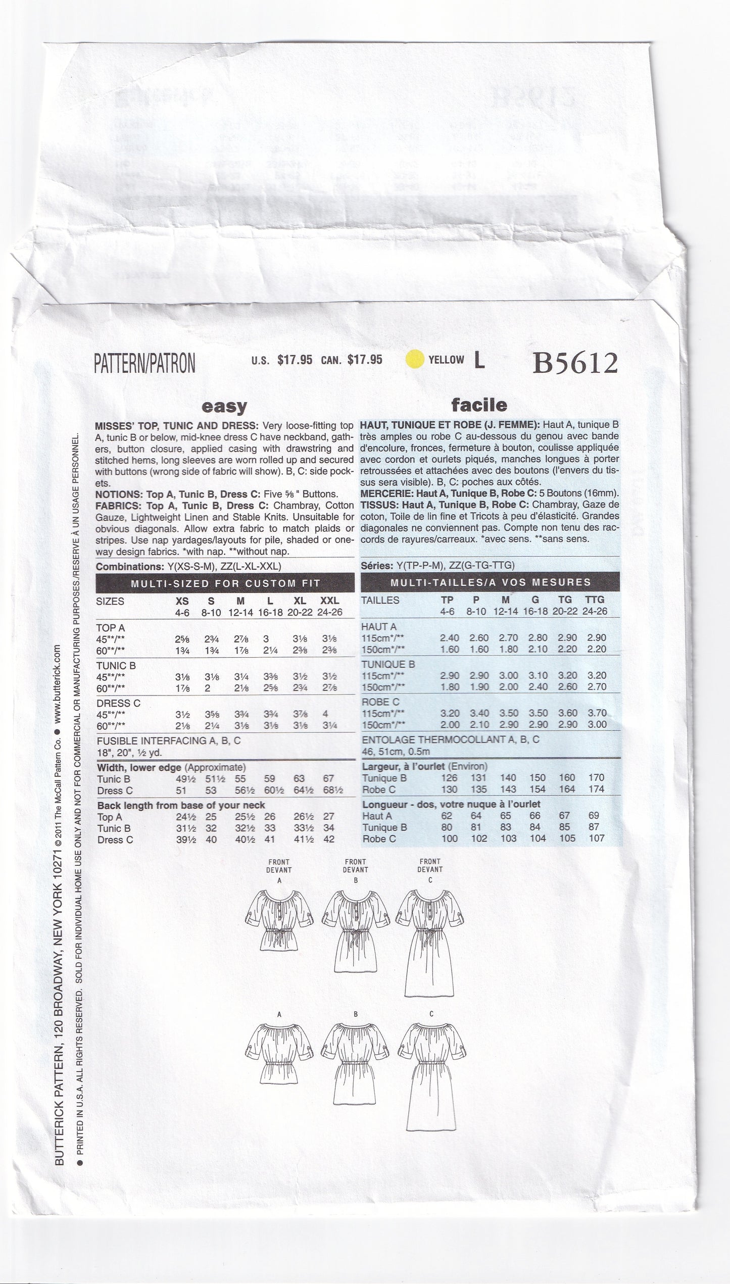 Butterick 5612 Womens EASY Loose Fitting Pullover Gathered Neck Dress & Tunic Out Of Print Sewing Pattern Sizes L-XXL UNCUT Factory Folded