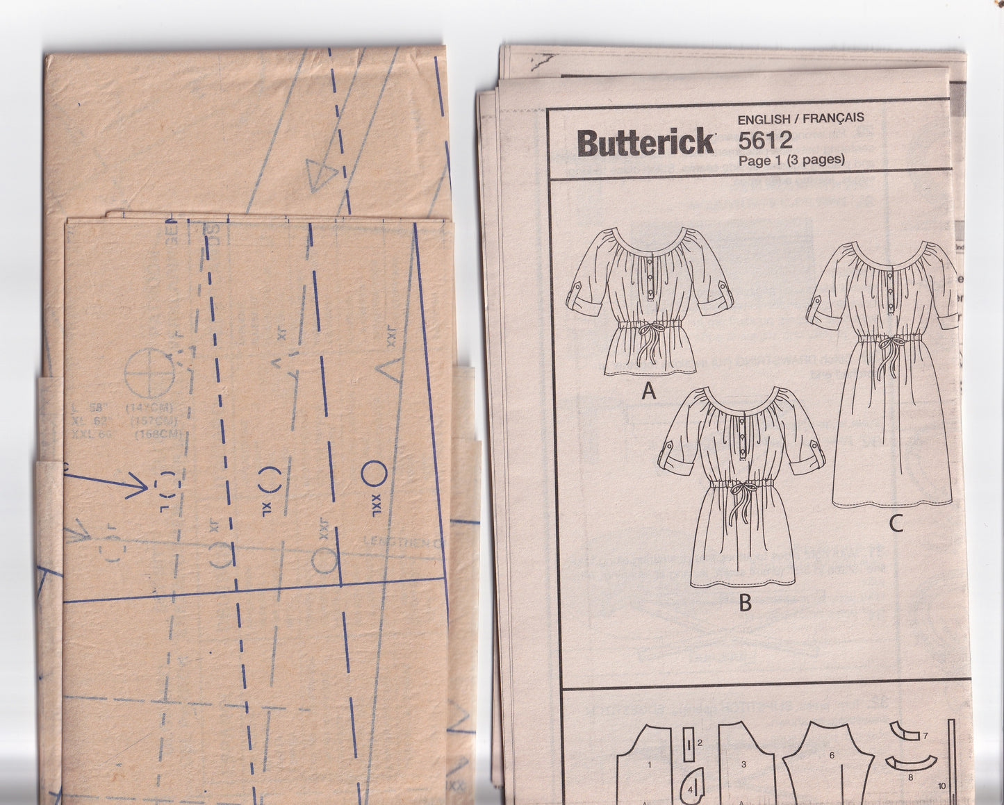 Butterick 5612 Womens EASY Loose Fitting Pullover Gathered Neck Dress & Tunic Out Of Print Sewing Pattern Sizes L-XXL UNCUT Factory Folded