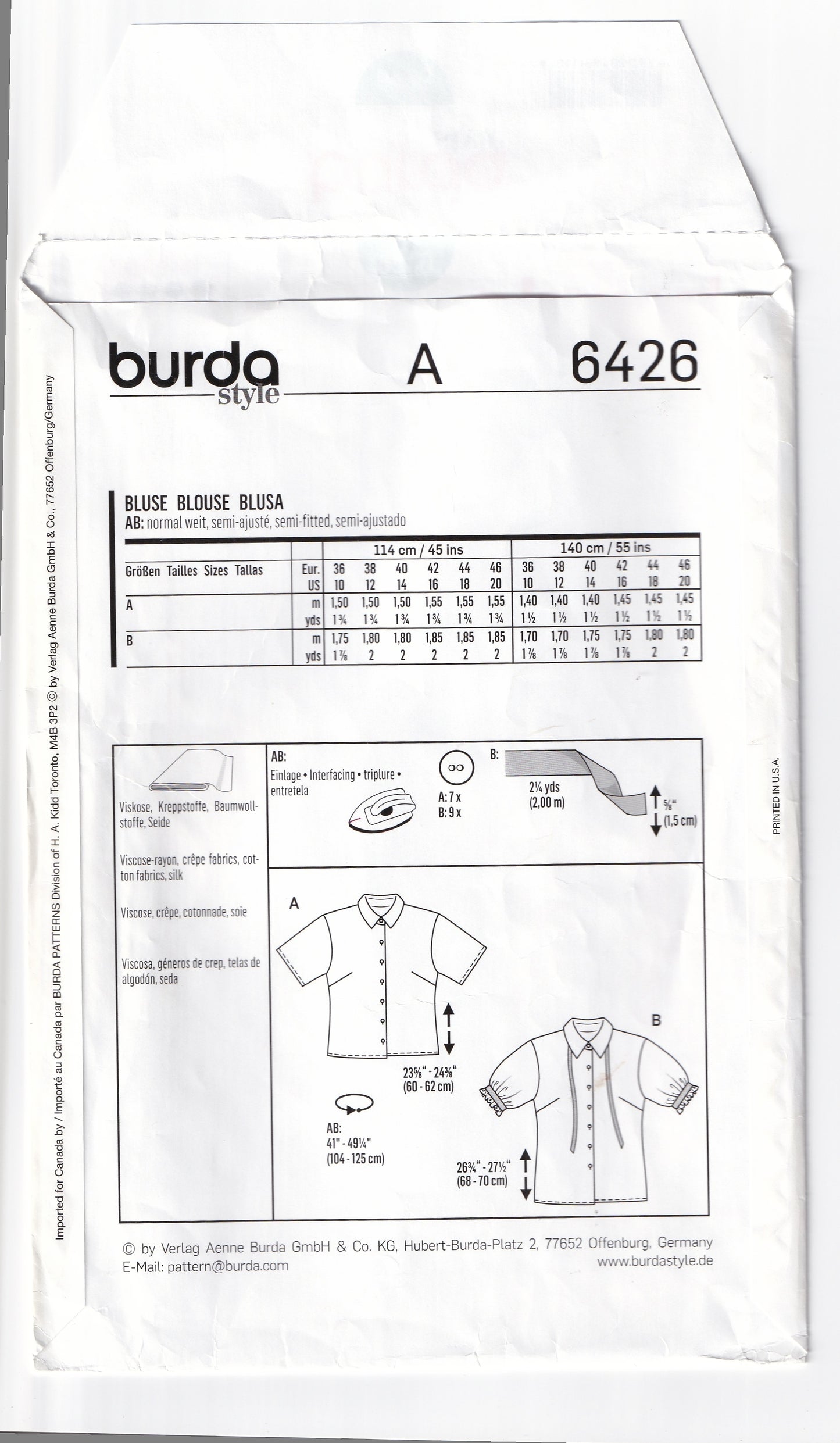 Burda Style 6426 Womens Short or Puff Sleeved Button Up Shirts Out Of Print Paper Sewing Pattern Sizes 10 - 20 UNCUT Factory Folded