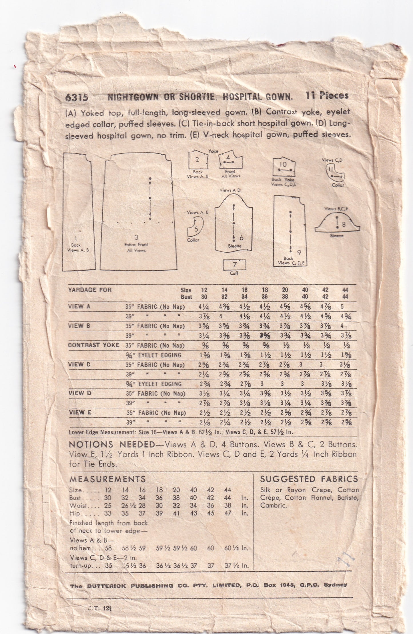 Butterick 6315 Womens Nightgown Shortie & Hospital Gown 1950s Vintage Sewing Pattern Bust 34 inches