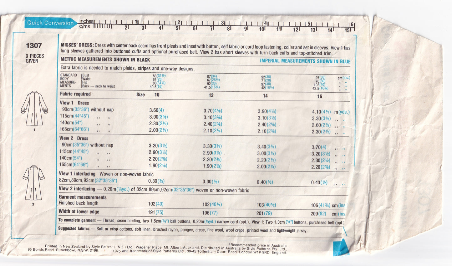 Style 1307 Womens Tent Dress with Front Pleats 1970s Vintage Sewing Pattern Size 14 Bust 36 Inches