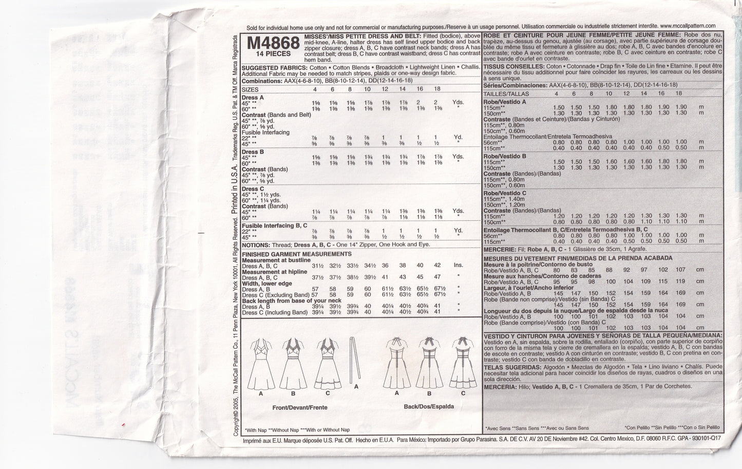 McCall's 4868 Womens Halter Sundress with Contrast Trim Out Of Print Sewing Pattern Sizes 4 - 10 UNCUT Factory Folded