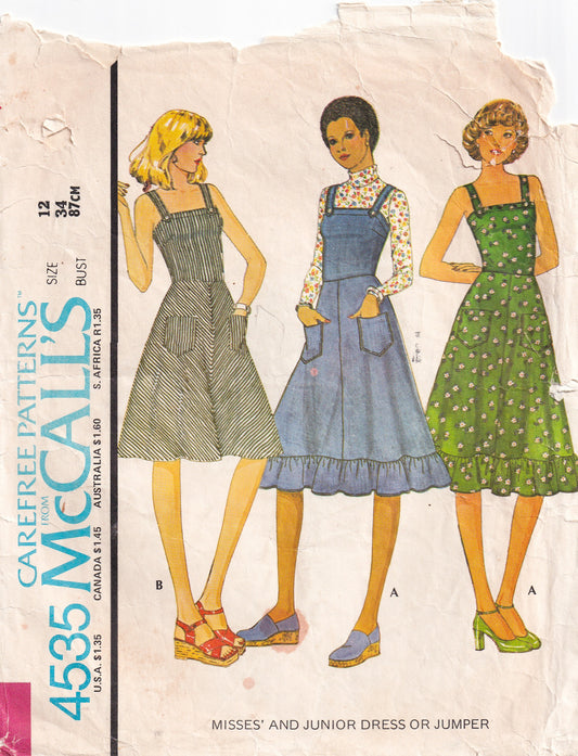 McCall's 4535 Womens Sundress with Optional Ruffled Hem 1970s Vintage Sewing Pattern Size 12 Bust 34 Inches