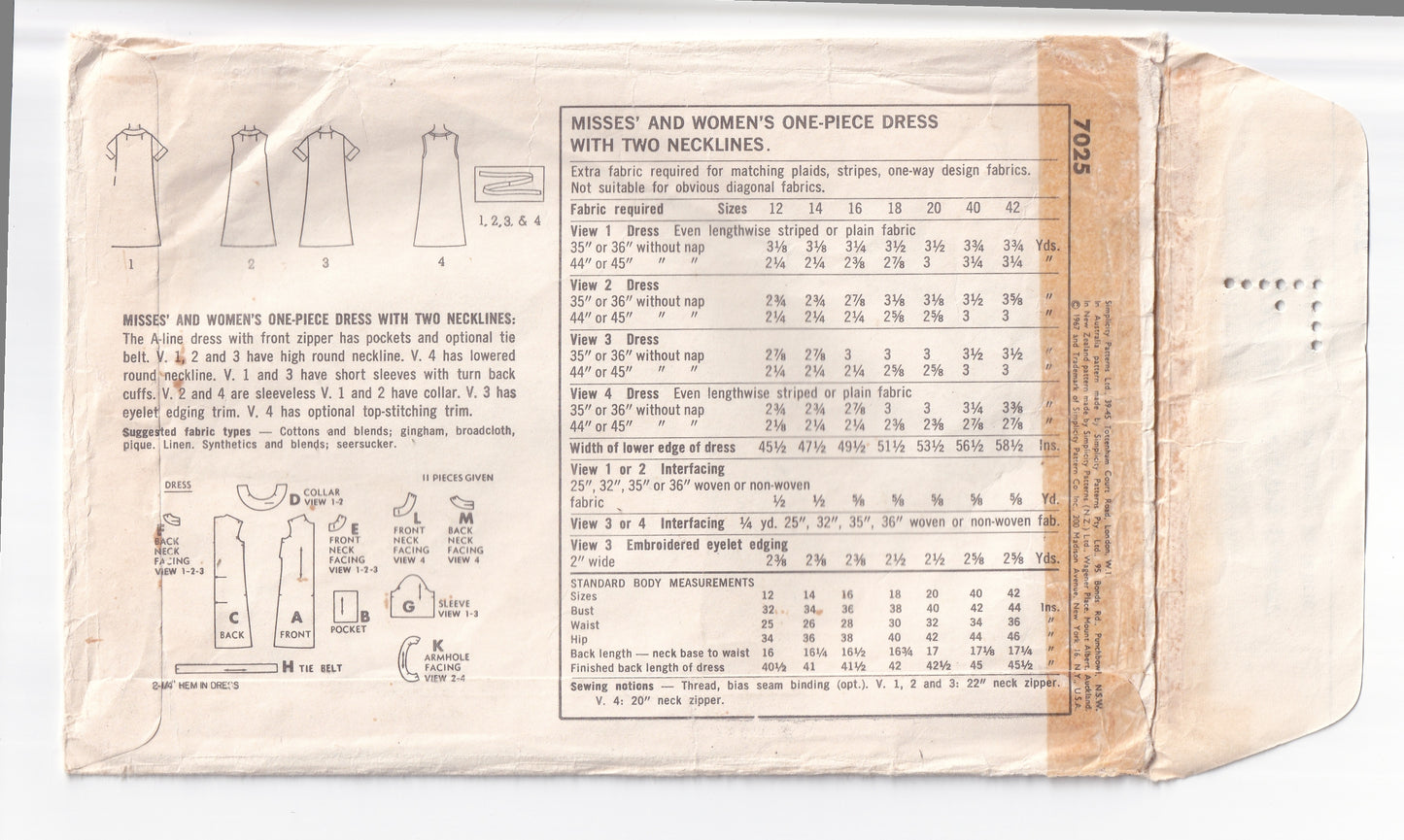 Simplicity 7025 Womens EASY Summer Shift Dress with Pockets 1960s Vintage Paper Sewing Pattern Size 12 Bust 32 inches