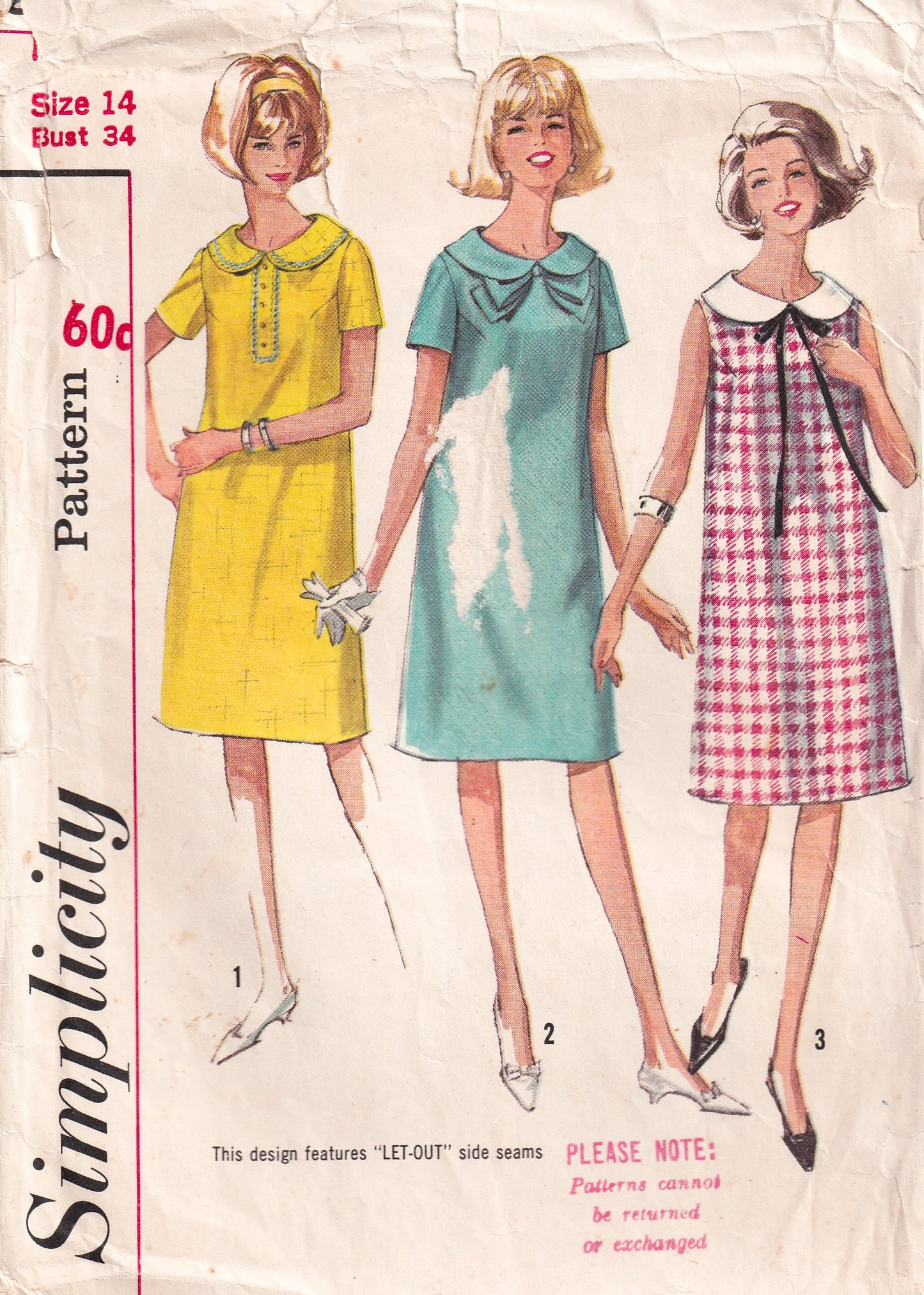 Simplicity 6023 Womens EASY Maternity Shift Dress with Peter Pan Collar 1960s Vintage Paper Sewing Pattern Bust 32 or 34 Inches
