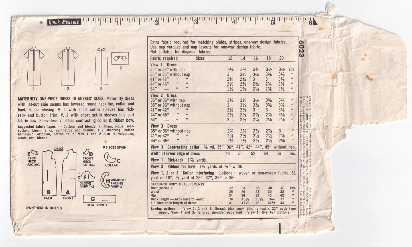 Simplicity 6023 Womens EASY Maternity Shift Dress with Peter Pan Collar 1960s Vintage Paper Sewing Pattern Bust 32 or 34 Inches