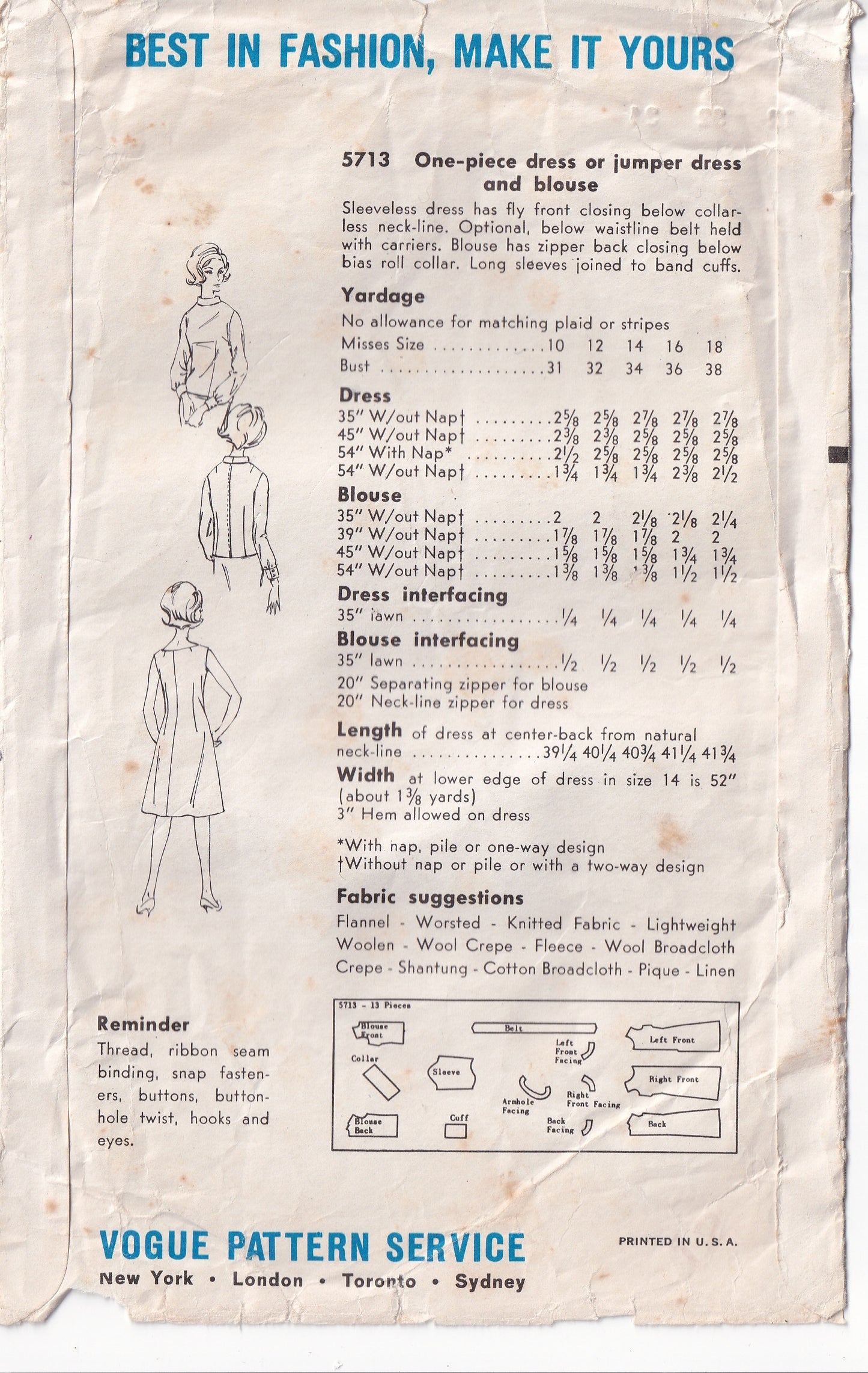 Vogue Young Fashionables 5713 Womens Slim Jumper Dress & Blouse 1960s Vintage Paper Sewing Pattern Size 12 Bust 32 inches