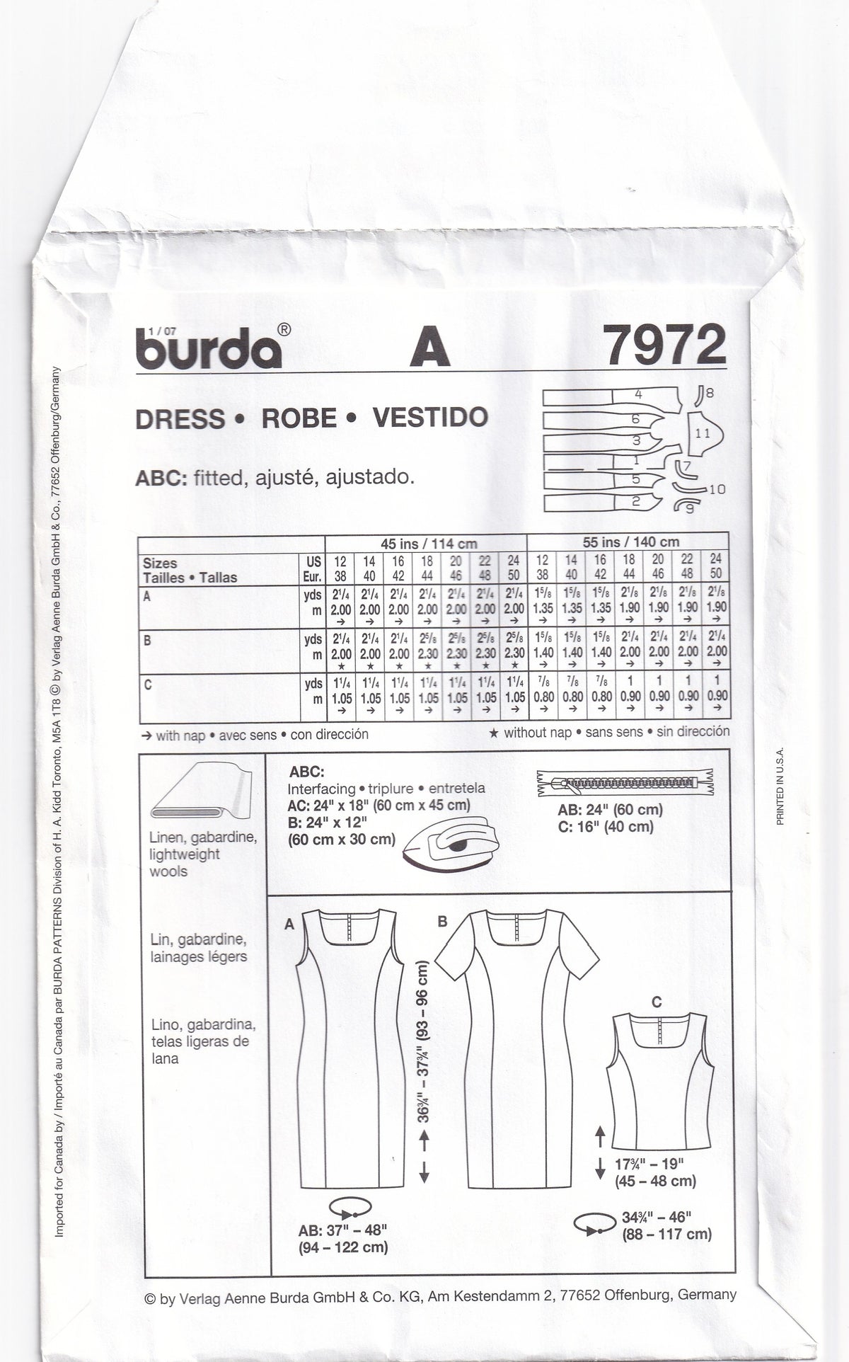 Burda EASY 7972 Womens Square Neck Shift Dress or Summer Top Out Of Print Paper Sewing Pattern Sizes 12 - 24 UNCUT Factory Folded