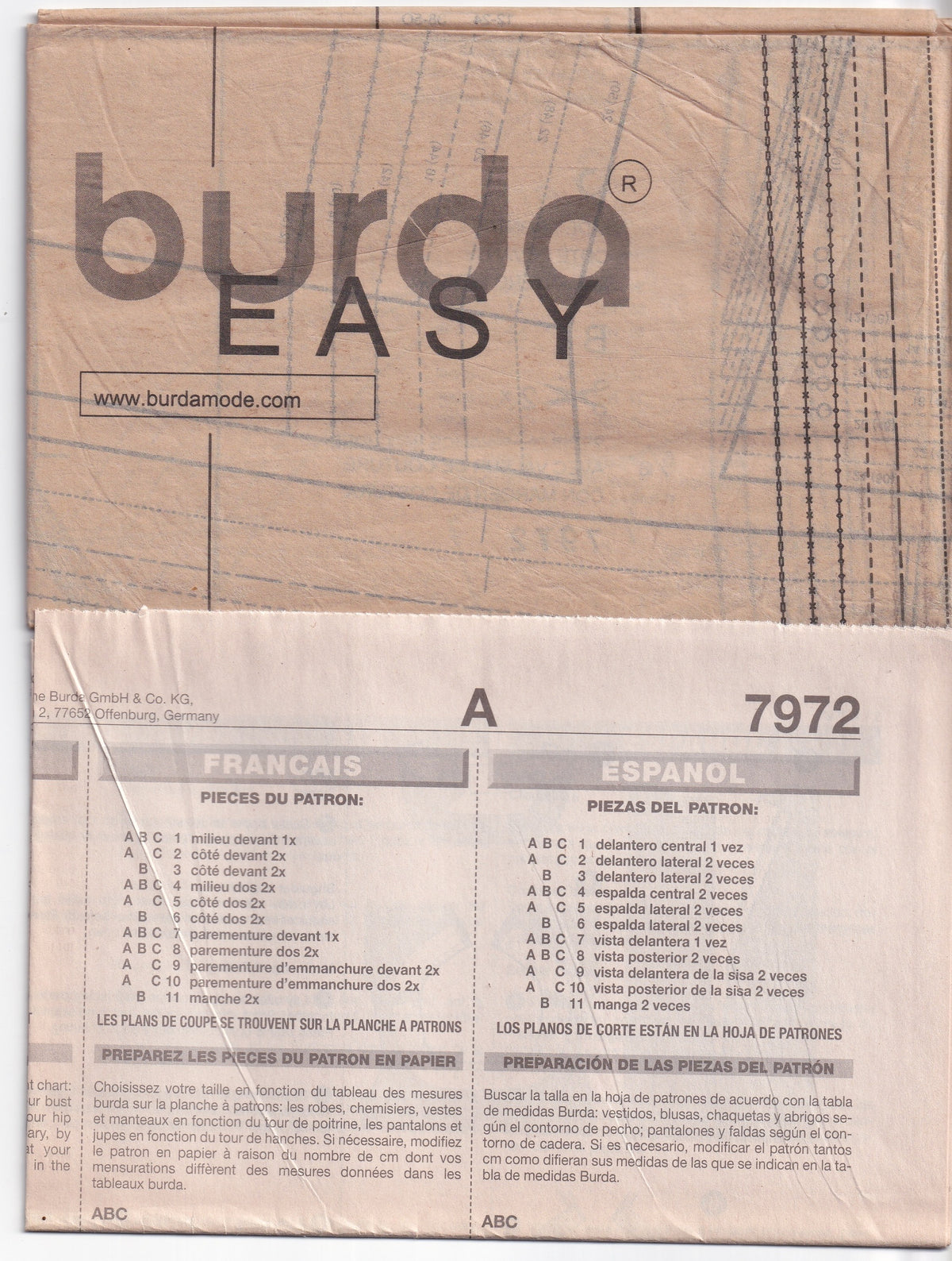 Burda EASY 7972 Womens Square Neck Shift Dress or Summer Top Out Of Print Paper Sewing Pattern Sizes 12 - 24 UNCUT Factory Folded