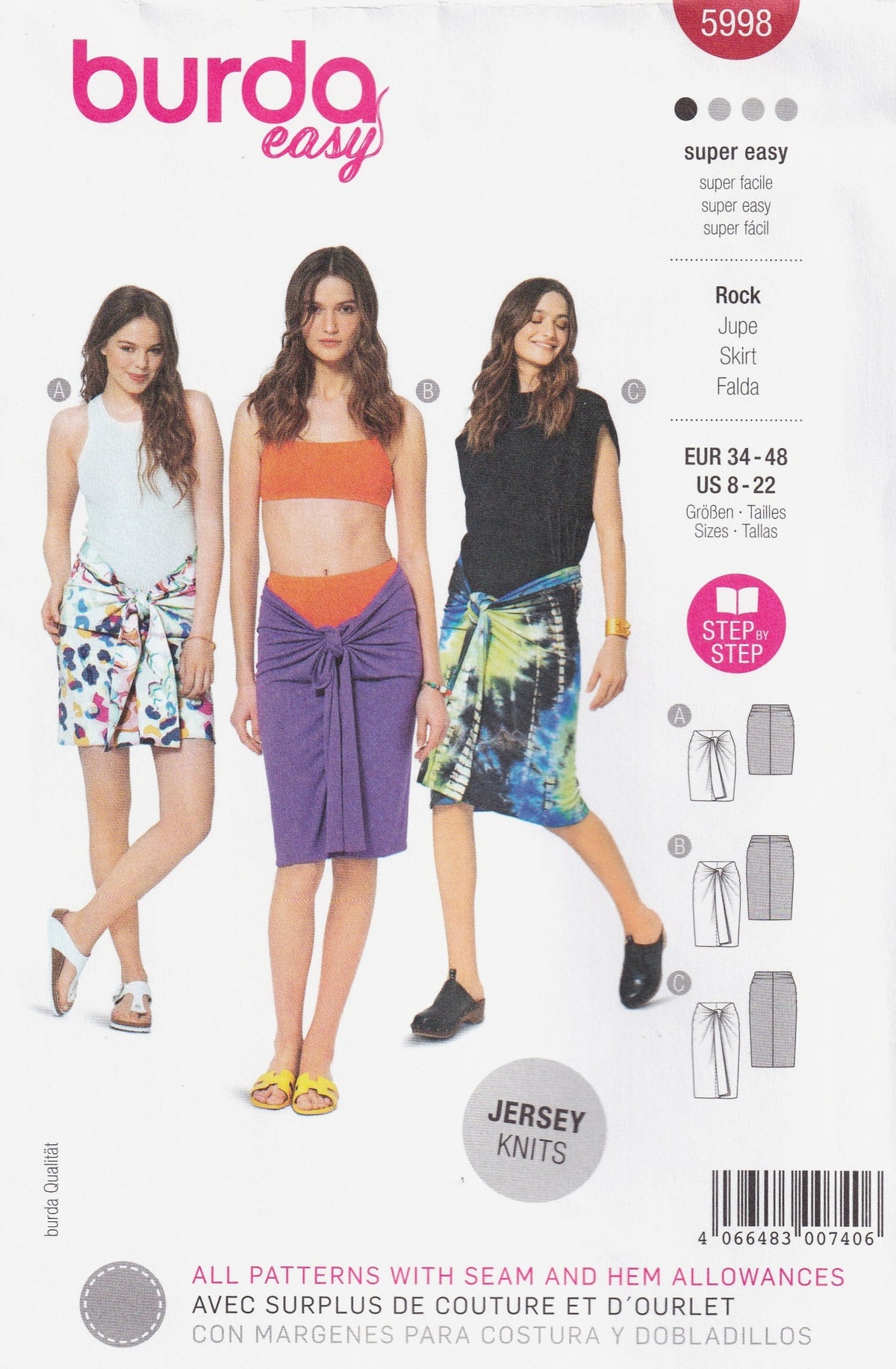 Burda 5998 Womens EASY Stretch Knit Sarong Skirt Out Of Print Paper Sewing Pattern Sizes 8 - 22 UNCUT Factory Folded