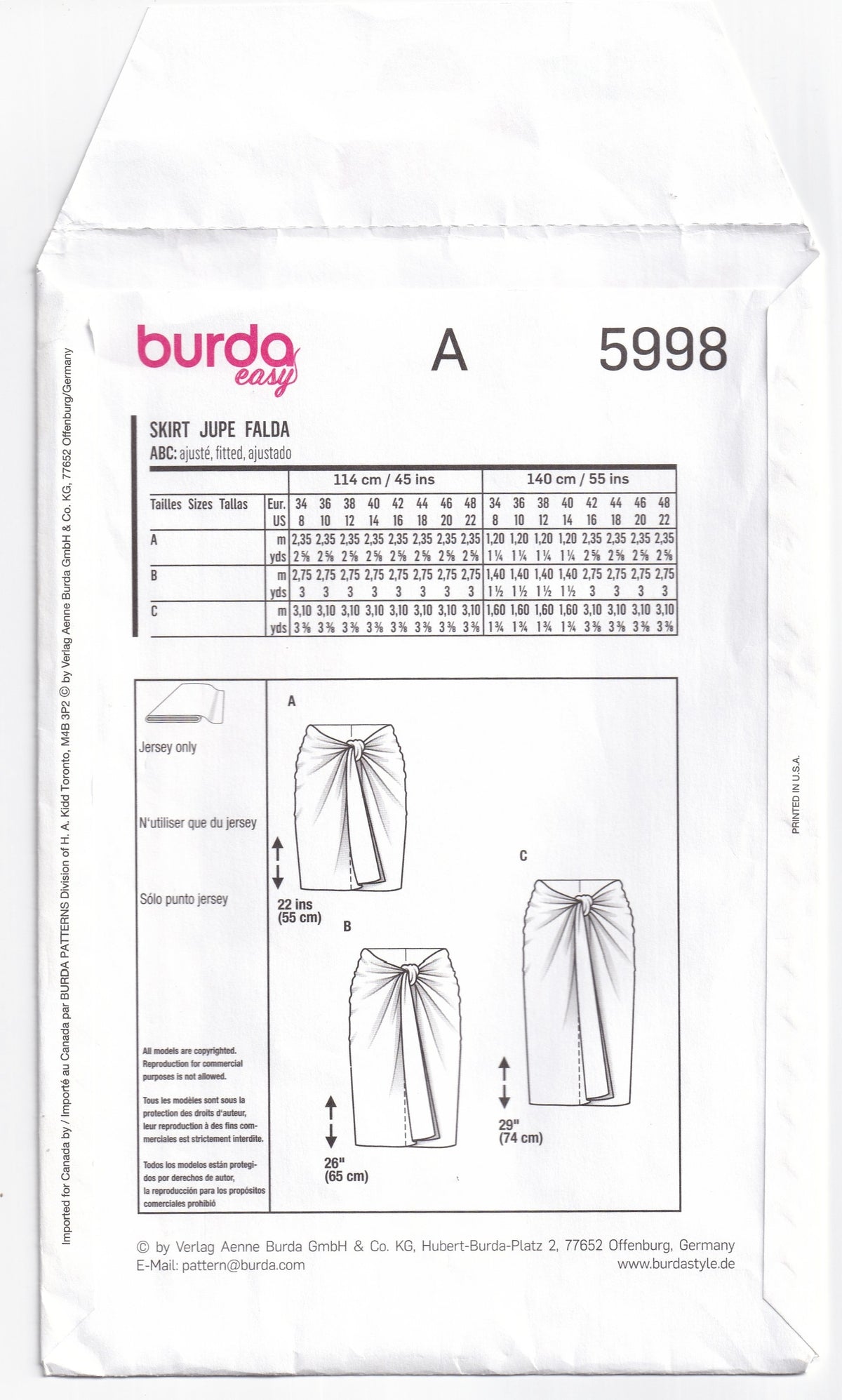 Burda 5998 Womens EASY Stretch Knit Sarong Skirt Out Of Print Paper Sewing Pattern Sizes 8 - 22 UNCUT Factory Folded