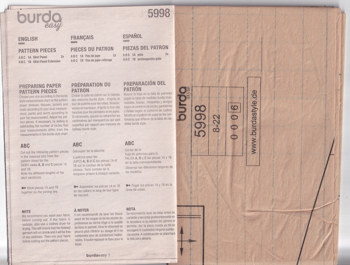 Burda 5998 Womens EASY Stretch Knit Sarong Skirt Out Of Print Paper Sewing Pattern Sizes 8 - 22 UNCUT Factory Folded