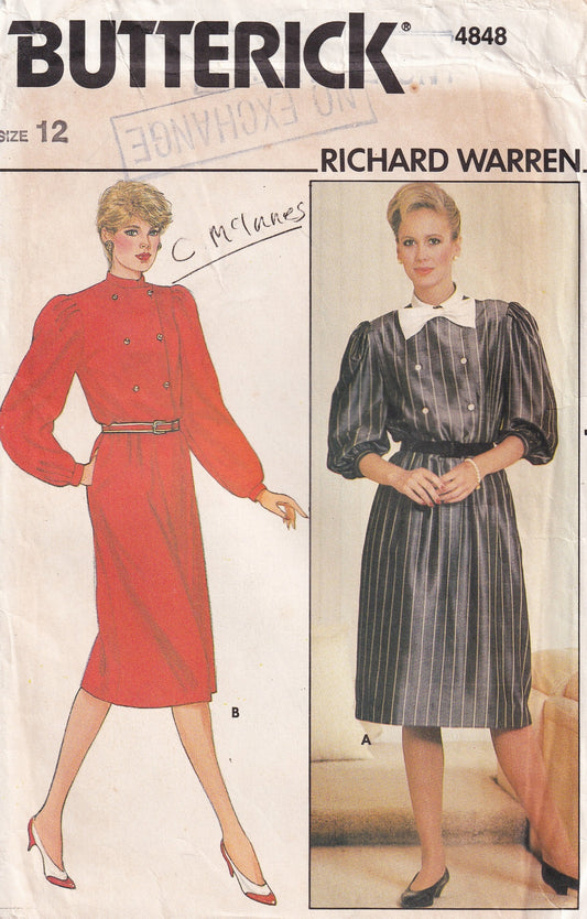 Butterick 4848 RICHARD WARREN Womens Double Breasted Puff Sleeved Dress 1980s Vintage Paper Sewing Pattern Size 12 Bust 34 Inches UNCUT Factory Folded