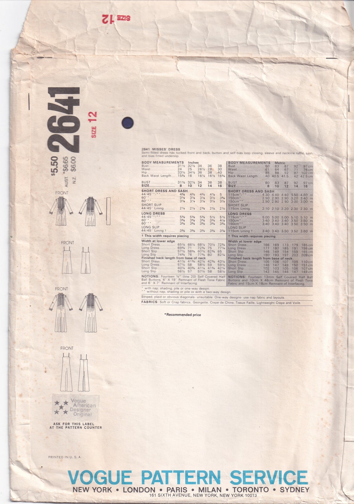 Vogue American Designer 2641 ALBERT NIPON Womens Pin Tucked Dress with Bias Underslip 1980s Vintage Paper Sewing Pattern Size 12 Bust 34 Inches