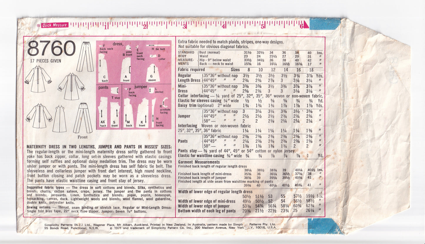 Simplicity 8760 Maternity Wardrobe Smock Dress Jumper & Pants 1970s Vintage Paper Sewing Pattern Size 12 Bust 34 Inches