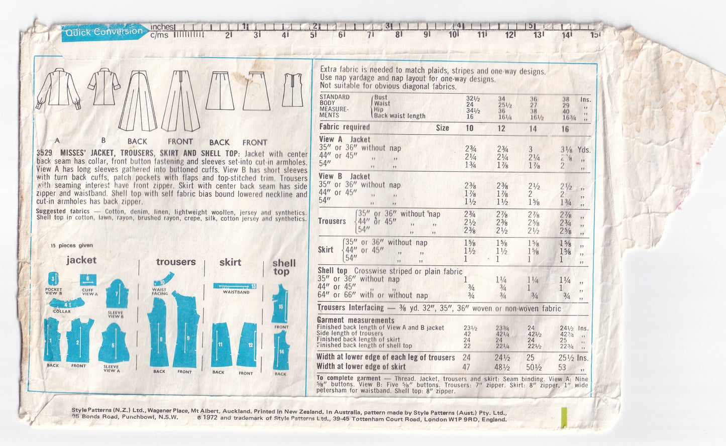 Style 3529 Womens Retro Jacket Top Flared Pants & Skirt 1970s Vintage Paper Sewing Pattern Size 12 Bust 34 inches