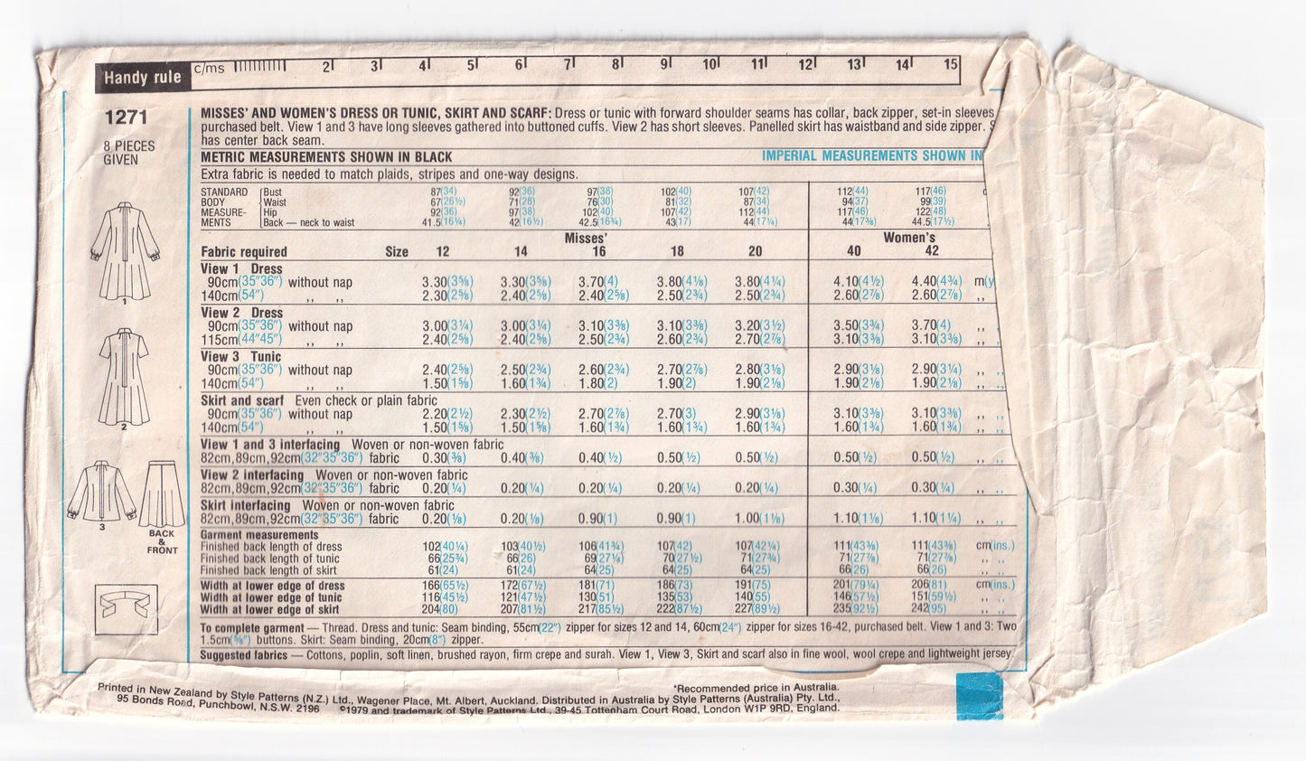 Style 1271 Womens Wide Collar Dress Tunic & Skirt 1970s Vintage Paper Sewing Pattern Size 16 Bust 38 Inches