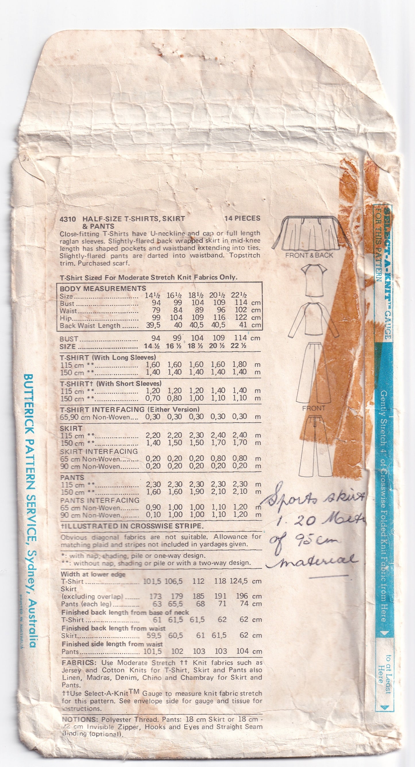 Butterick 4310 Womens Half Size T Shirt Top Wrap Skirt & Pants 1970s Vintage Sewing Pattern Bust 37 inches