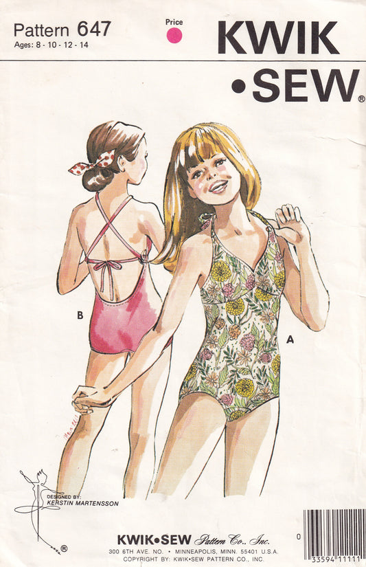 Kwik Sew 647 Tween Teen Girls Stretch Halter One Piece Swimsuits 1970s Vintage Sewing Pattern Size 8 - 14 UNCUT Factory Folded