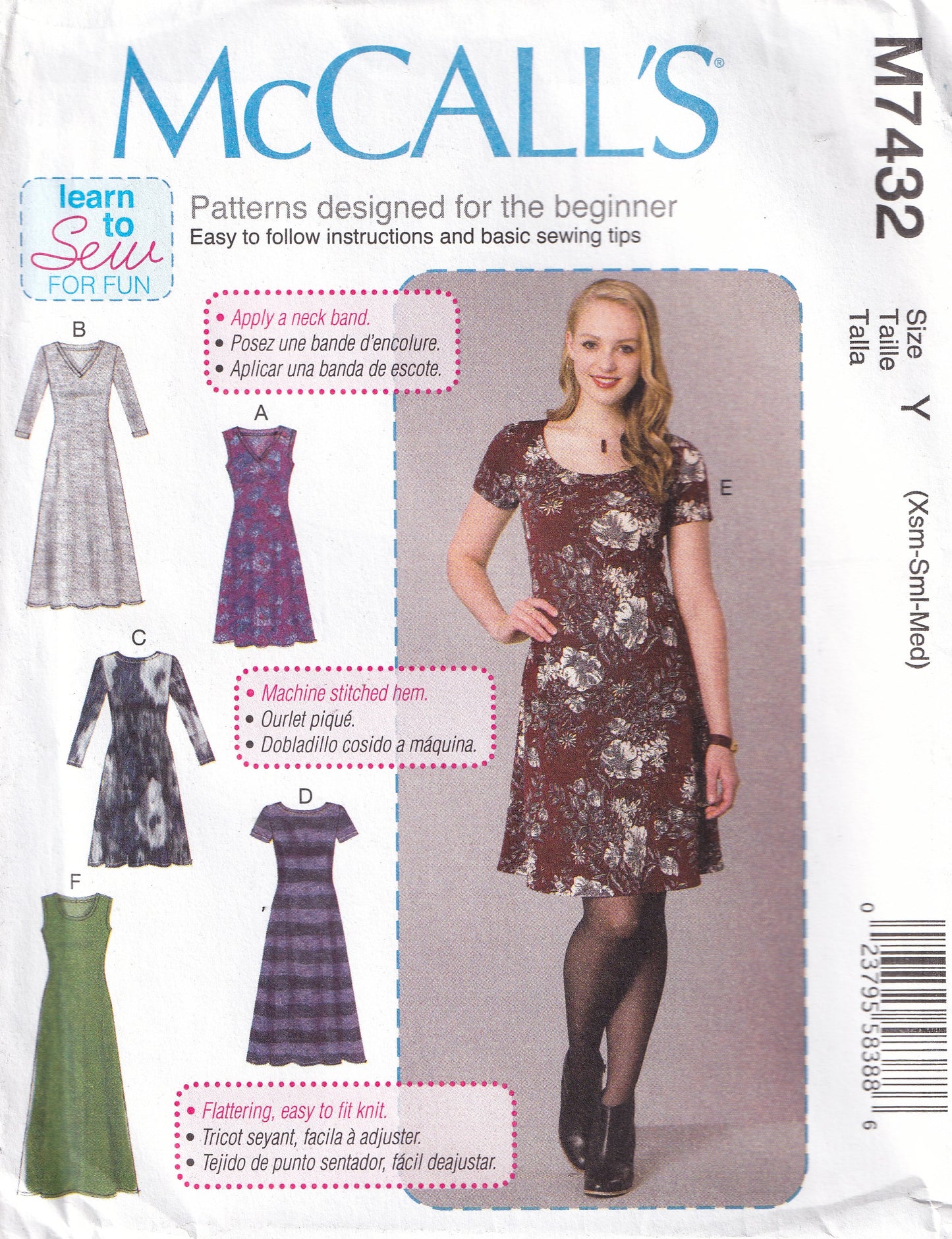 McCall's 7432 Womens EASY Stretch Knit Pullover Dress Out Of Print Sewing Pattern Size XS - MED UNCUT Factory Folded