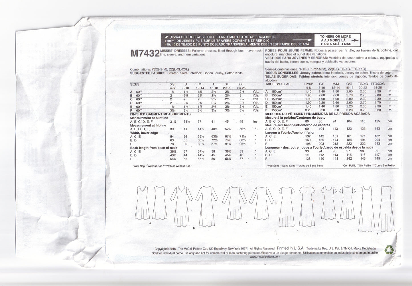 McCall's 7432 Womens EASY Stretch Knit Pullover Dress Out Of Print Sewing Pattern Size XS - MED UNCUT Factory Folded