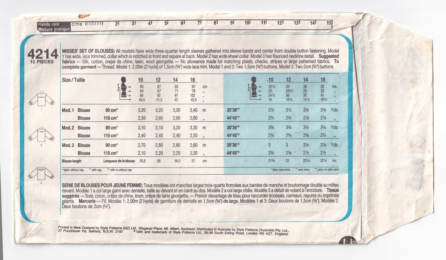 Style 4214 Womens Statement Collar Evening Blouses 1980s Vintage Sewing Pattern Size 12 Bust 34 inches