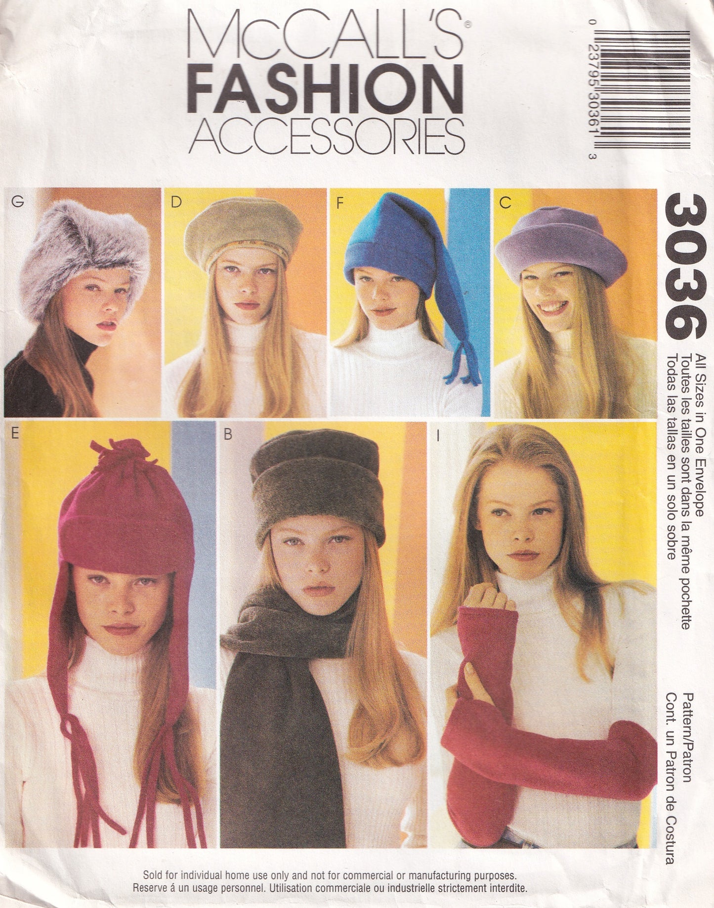 McCall's 3036 Womens Winter Fur Hats & Accessories Out Of Print Sewing Pattern UNCUT Factory Folded