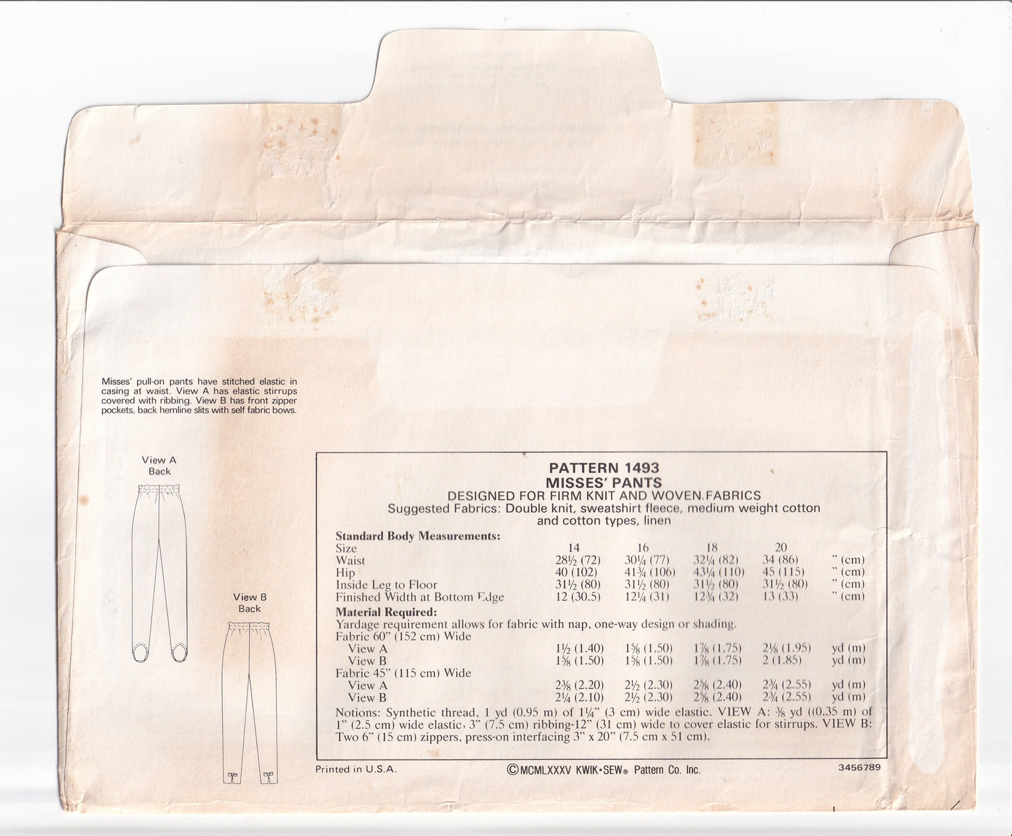 Kwik Sew 1493 Womens Stretch Knit Stirrup Pants & Tapered Pants 1980s Vintage Paper Sewing Pattern Waist 29 - 35 Inches UNCUT Factory Folded