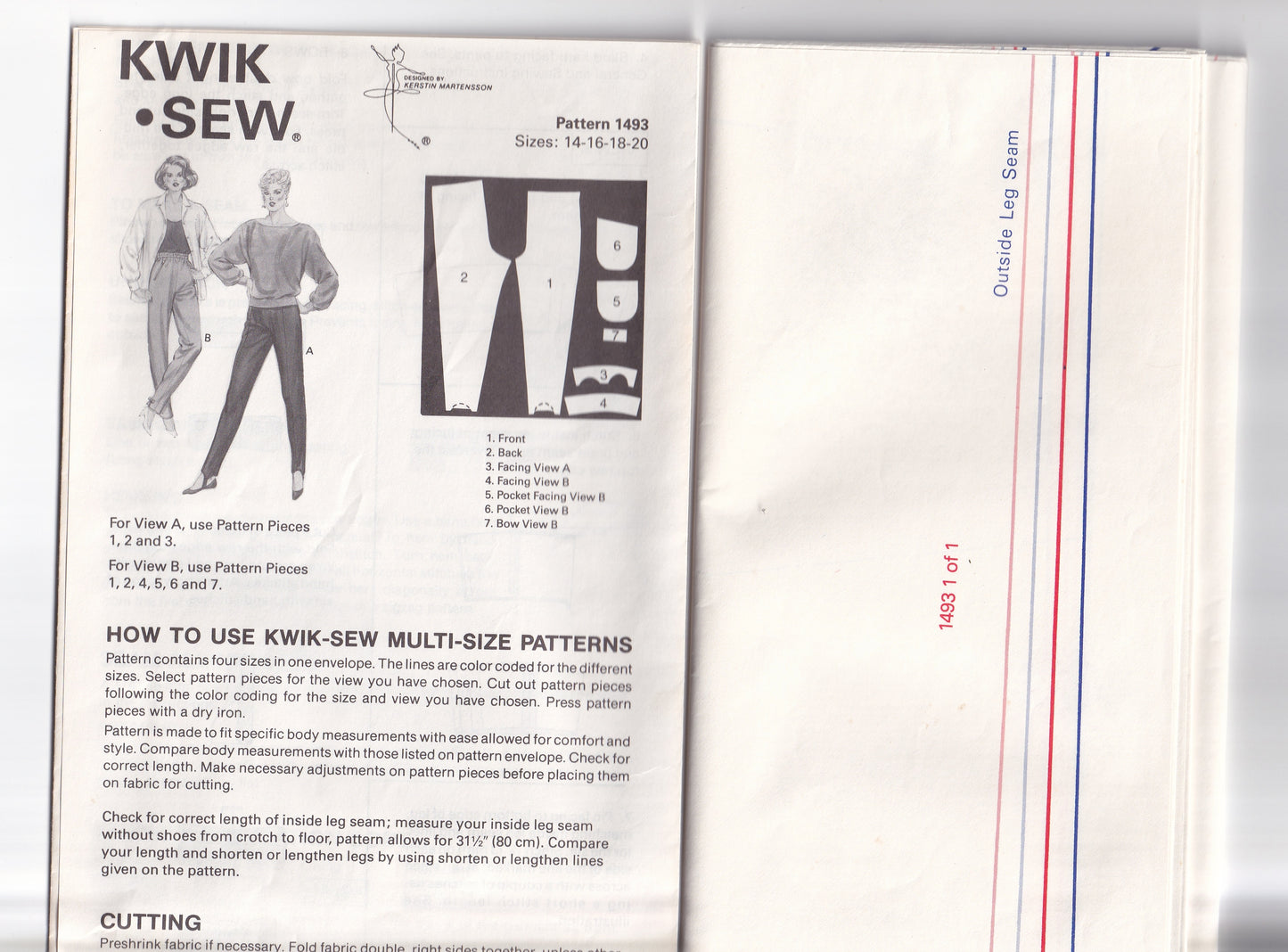 Kwik Sew 1493 Womens Stretch Knit Stirrup Pants & Tapered Pants 1980s Vintage Paper Sewing Pattern Waist 29 - 35 Inches UNCUT Factory Folded