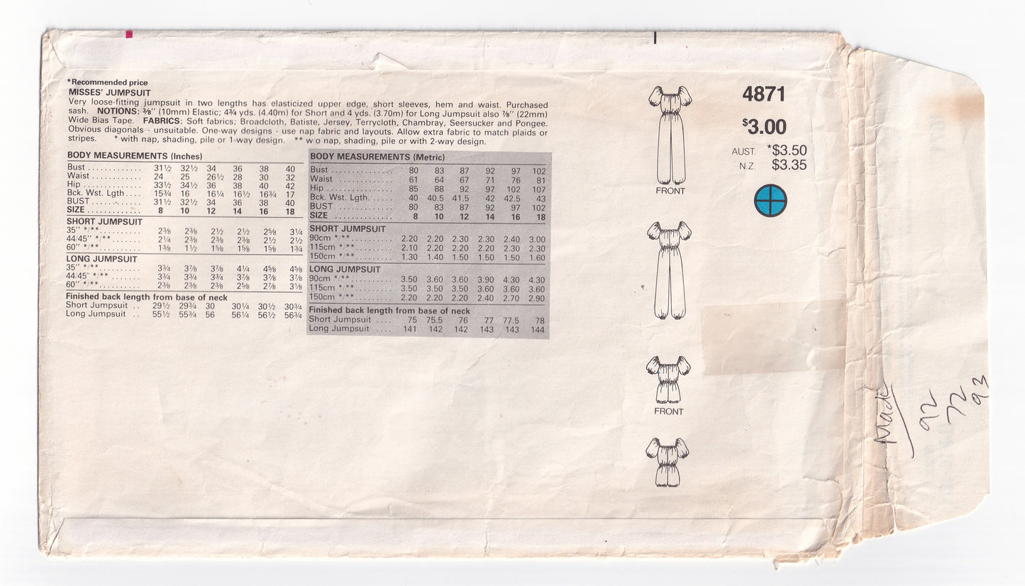 Butterick 4871 Womens Square Neck Puffy Leg Jumpsuit & Rompers 1980s Vintage Paper Sewing Pattern Size 14 - 18