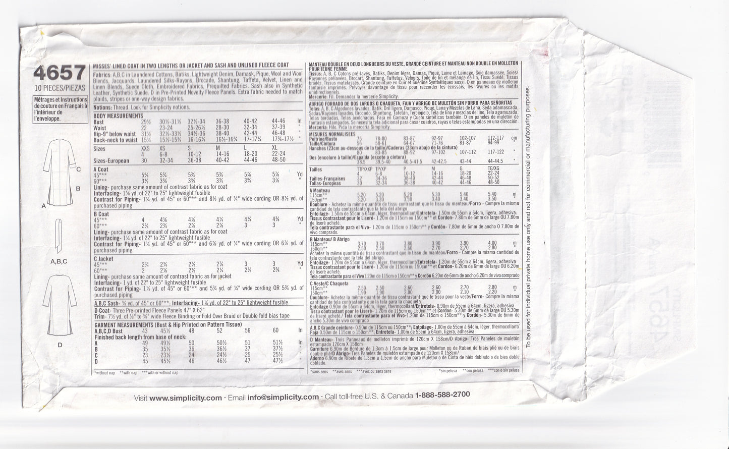 Simplicity 4657 JUNE COLBURN Womens Lined Or Unlined Fleece Coats & Jackets Out Of Print Paper Sewing Pattern Sizes XXS - S UNCUT Factory Folded