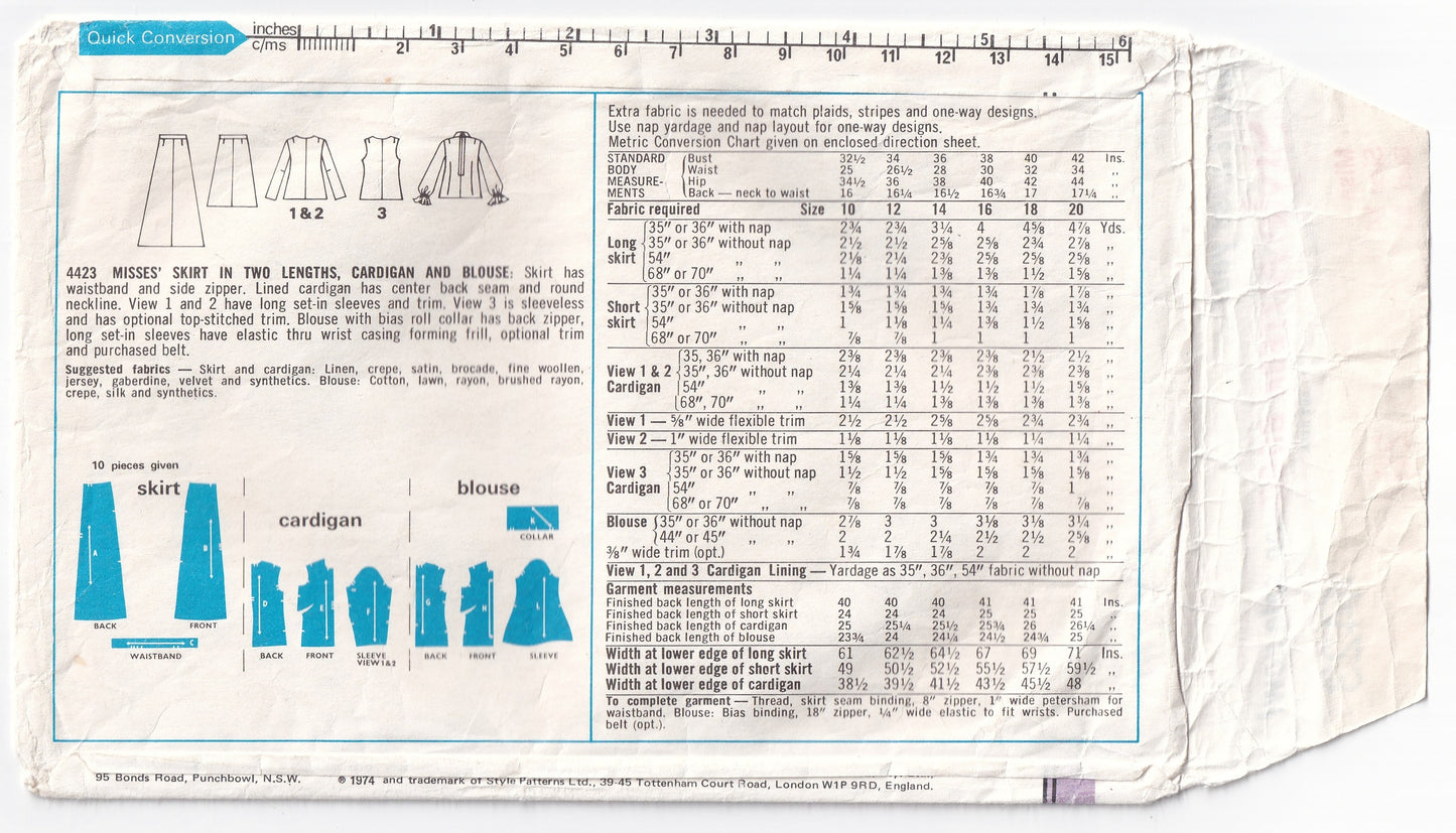 Style 4423 Womens Cardigan Jacket High Neck Blouse Skirt & Maxi Skirt 1970s Vintage Paper Sewing Pattern Size 14 Bust 36 Inches