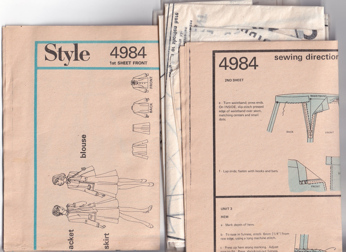Style 4984 Womens Contrast Edged Jacket Necktie Blouse & A Line Skirt 1970s Vintage Paper Sewing Pattern Size 12 Bust 34 inches